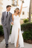 Flowy Split Spaghetti Straps Lace Chiffon Long Beach Wedding Dresses