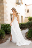 Flowy Split Spaghetti Straps Lace Chiffon Long Beach Wedding Dresses