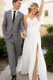 Flowy Split Spaghetti Straps Lace Chiffon Long Beach Wedding Dresses