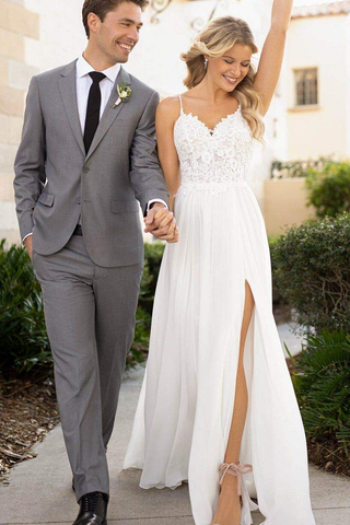 Flowy Split Spaghetti Straps Lace Chiffon Long Beach Wedding Dresses