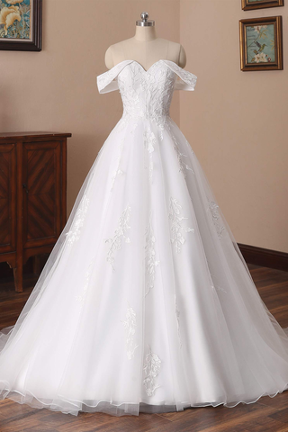 Charming Off The Shoulder A-line Tulle Long Wedding Dresses With Lace Appliques