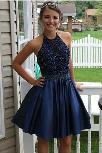 Navy Blue Beaded Satin Short Homecoming Dresses For Teens - Bohogown