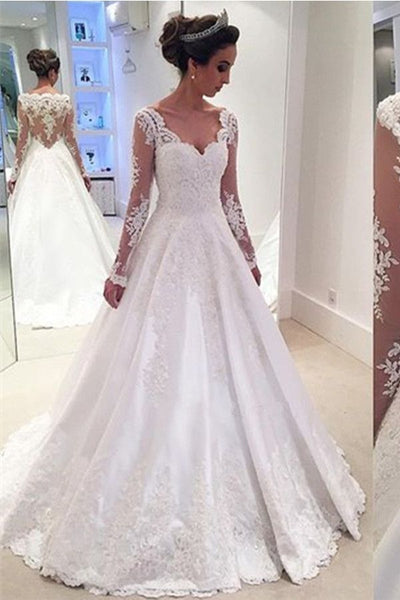 V-neck Modest White Long Lace Satin Beaded A-line Long Sleeves Wedding –  Bohogown