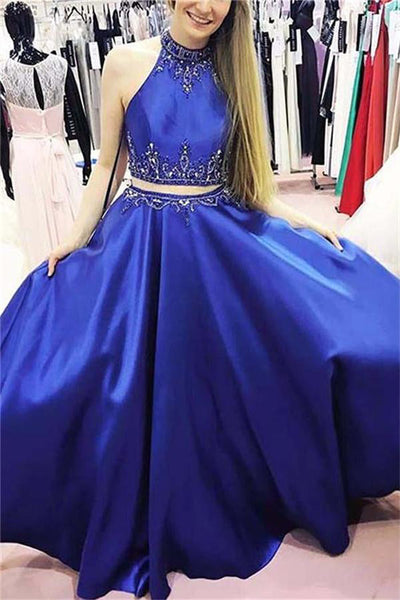 Royal Blue Two Pieces Halter Sleeveless Backless Long Beading Prom Dre ...