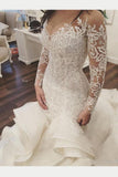 Gorgeous Long Sleeve Ivory Appliques Ruffles Wedding Gowns Mermaid Bridal Dress N1117