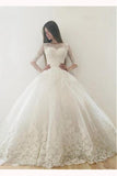 Ivory Puffy Half Sleeves Long Wedding Dress Vintage Tulle Bateau Appliques Bridal Dress N1384