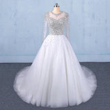 Puffy Long Sleeves Tulle White Wedding Dress Shiny Long Bridal Dress N2345