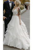 Charming Lace Ruffles Tulle Puffy Spaghetti Strap Beach Wedding Dress N1773