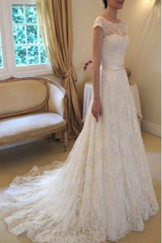 Cap Sleeve Lace Wedding Dress,Long Bridal Dress With Court Train,Ivory Beach Wedding Dress,N143