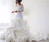 Gorgeous Long Sleeve Ivory Appliques Ruffles Wedding Gowns Mermaid Bridal Dress N1117