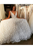 Glitter Sparkly White V Neck Sleeveless Long Wedding Dress Floor Length Prom Dress