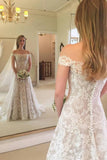 Off the Shoulder A Line Lace Wedding Dress, Long Beach Wedding Dresses