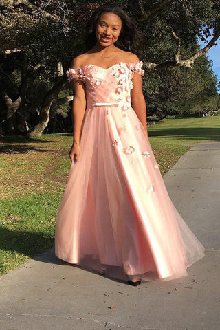 A-Line Off Shoulder Pink Sweet 16 Dress Applique Evening Prom Dress